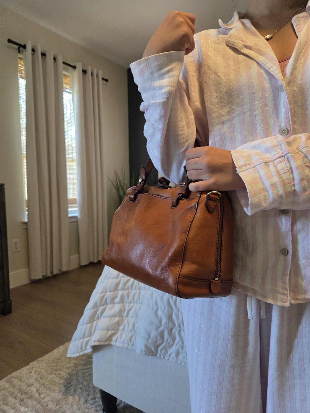 Fossil Cognac Leather Satchel with Key Charm - Picture 15 of 16